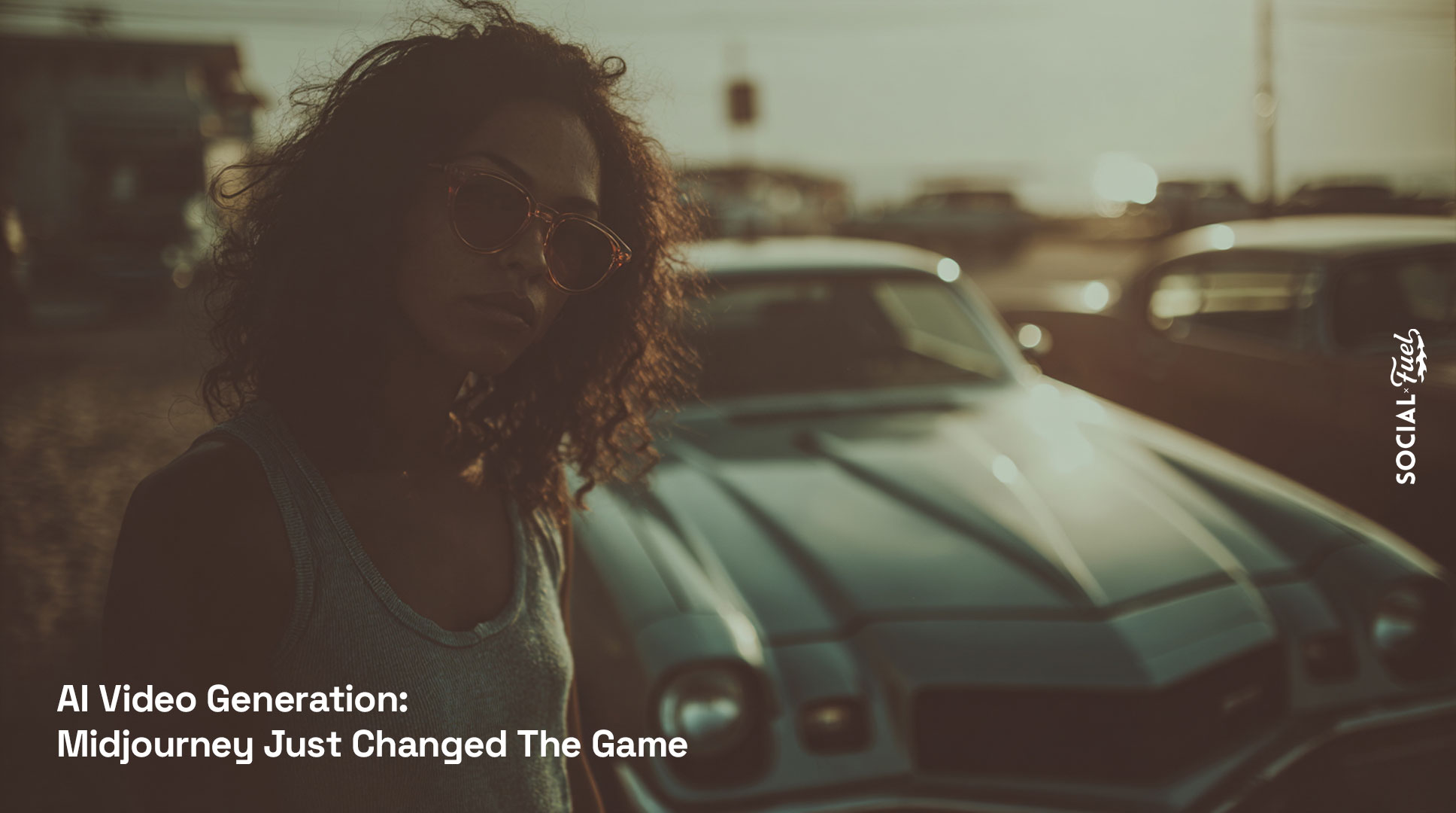 Midjourney Video AI generator A hyper-realistic vintage 1980s muscle car parked at a sunlit beach during golden hour, metallic paint gleaming, soft lens flare, retro surfboards in the back, an 80s-inspired woman with big curly hair, pink sunglasses, denim shorts and a playful smile getting into the car, looking at the camera, cinematic tones, nostalgic color grading, beach vibes
