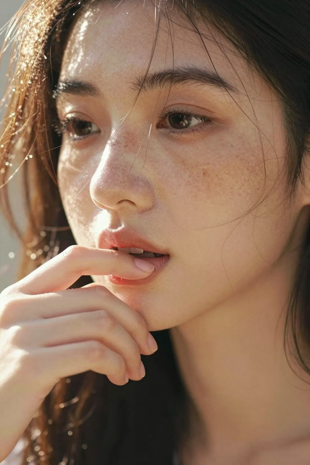 Ultra-realistic close-up portrait of a young woman under warm sunlight, lightly freckled skin, natural texture and soft imperfections visible. Loose strands of hair catch the light in front of her face. She has a contemplative, expressive look with parted lips and fingers gently resting near her mouth. The image feels spontaneous and alive — sunlit, slightly overexposed in highlights with visible grain. Capture the warmth of golden daylight, shallow depth of field, and analog-film-style tones. The mood is sensual but natural, with cinematic micro-contrast and soft falloff across the cheeks. Shot on a 50 mm lens, f/1.4, handheld, film-like realism with authentic skin detail and colour variance. Style tags: sun-kissed realism, cinematic light, film grain, soft imperfections, tactile skin texture, natural freckles, lens flare, analog tone, shallow DOF, RAW realism
