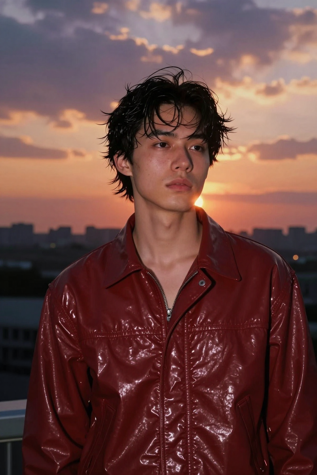 Cinematic portrait of a young man standing outdoors during golden hour, wearing a deep cherry red vinyl jacket with soft glossy reflections. His hair is slightly tousled, damp, and backlit by the setting sun. The expression is calm, introspective, and natural. Warm orange and purple clouds stretch across the sky with gentle atmospheric haze. The background fades into a dark, blurred city silhouette below the glowing horizon. Lighting feels organic and uneven, with lens flare catching the vinyl surface. Skin tone is warm and realistic, showing subtle texture and pores under the soft light. Shot on a 50 mm lens, f/1.8, handheld, filmic contrast, shallow depth of field. Capture the feel of 35 mm analog photography — imperfect, grain-kissed, with breathing highlights and real-world tonal falloff. Style tags: cinematic realism, analog film tone, moody golden hour, tactile texture, natural light falloff, lens flare, warm tones, shallow DOF, editorial portrait, unretouched authenticity