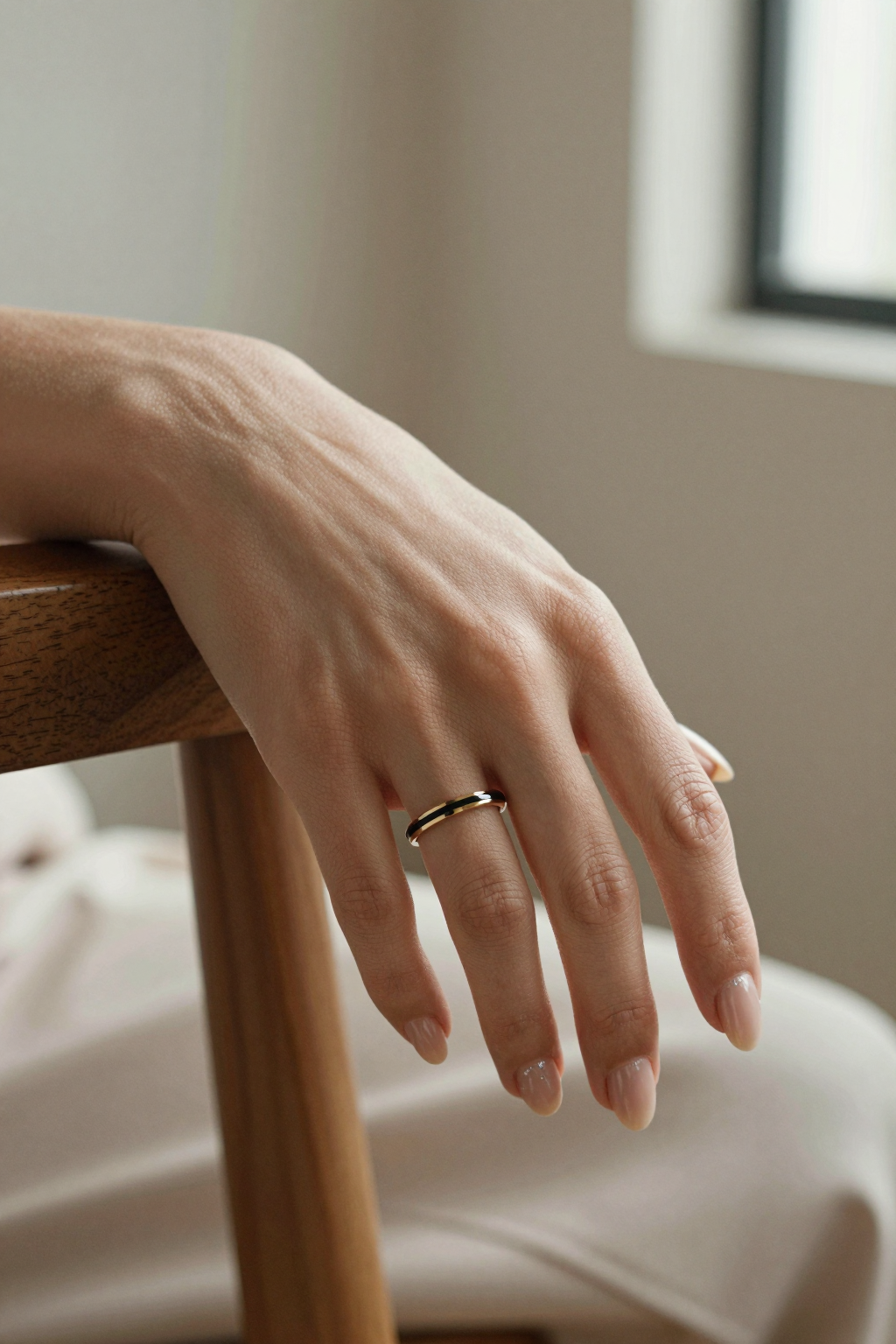 Close-up editorial photograph of a woman’s hand resting gracefully on a wooden chair. Soft morning light from a nearby window creates gentle highlights and natural shadow falloff across her skin. The hand wears a minimal black and gold band ring with a subtle reflection on its polished surface. Fingernails are almond-shaped with a natural gloss and delicate silver glitter accents. The background is softly blurred in neutral beige tones, evoking a calm, modern interior. Skin texture appears smooth but realistic, showing faint veins and warmth under the light. The overall tone feels quiet, tactile, and cinematic — shot on a 50 mm lens at f/2.0, handheld, on 35 mm film stock. Style tags: cinematic realism, soft natural light, editorial jewelry photography, neutral tones, shallow depth of field, warm highlights, analog texture, lifestyle minimalism, tactile detail