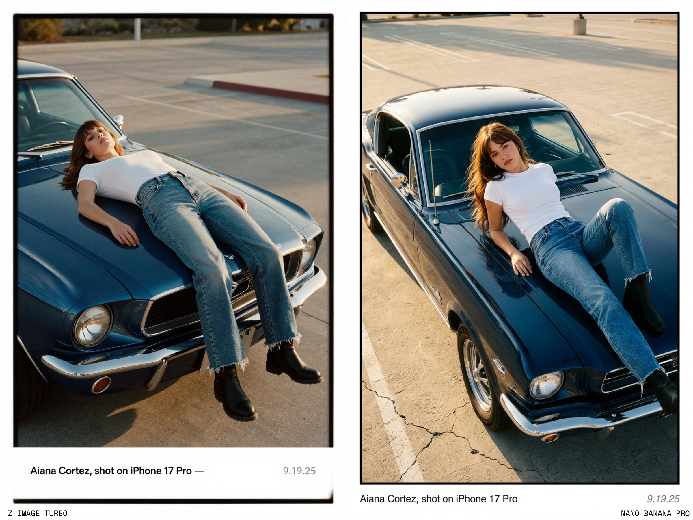 beautiful latina woman laying on a vintage mustang ai generated imagery nano banana 2 z image turbo comparison