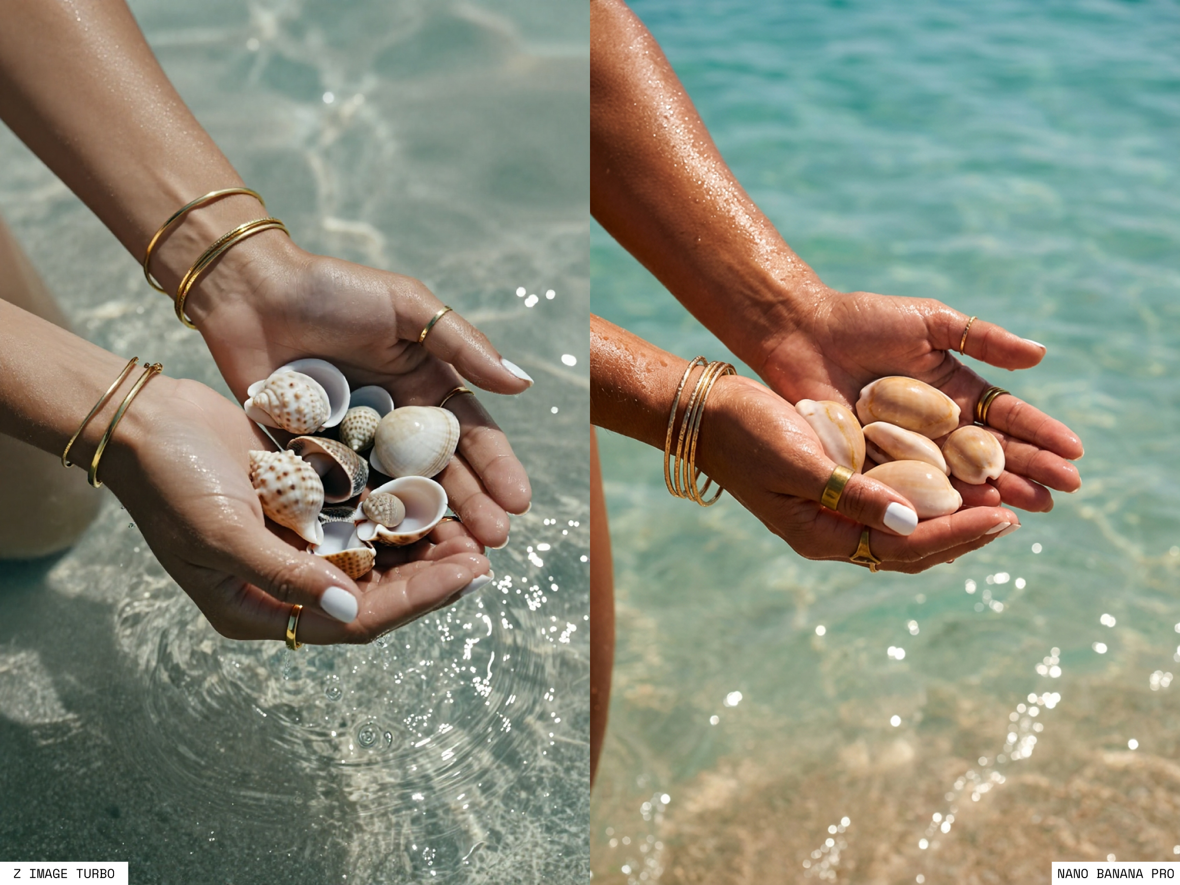 Close-up of sunlit hands holding smooth seashells just above shallow turquoise seawater