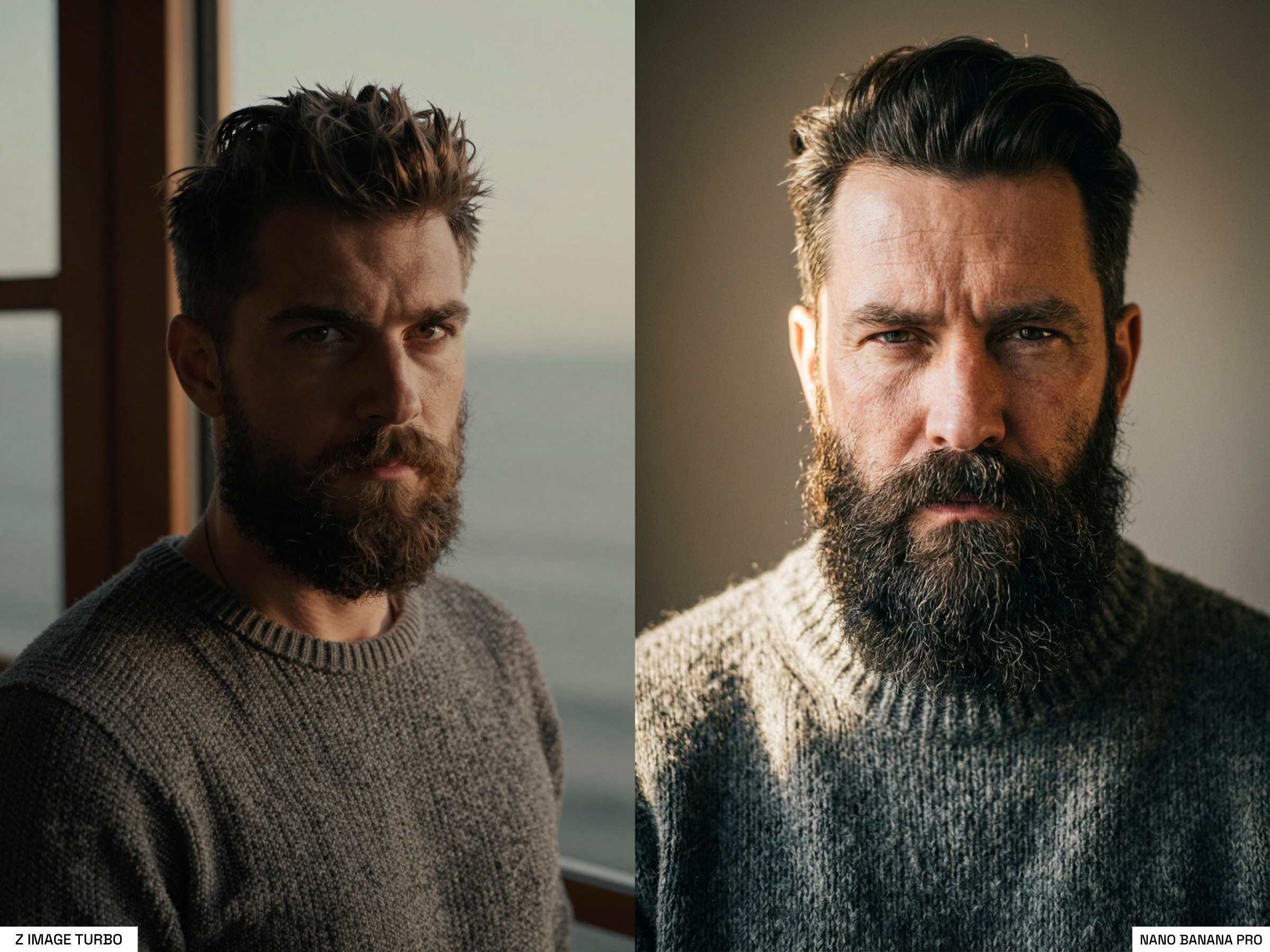 Hyper-realistic close up portrait of a rugged maritime man with a thick dark beard and styled hair. He wears a heavy woolen grey sweater with visible coarse texture. The lighting is soft, directional, moody and warm — like northern winter sunlight through a large timber maritime window. He gazes into the camera, his expression is intense and stoic, eyes slightly narrowed, conveying quiet strength. Background is a muted, neutral gradient (warm-grey tones), shallow depth of field. The image feels raw, cinematic, and tactile — film grain and contrast preserved, natural color grading with desaturated shadows and warm highlights. Shot on a 50 mm lens, f/1.8, high contrast with subtle vignetting and lens falloff. Capture the authenticity of analog film and skin texture — avoid over-smoothing or digital perfection