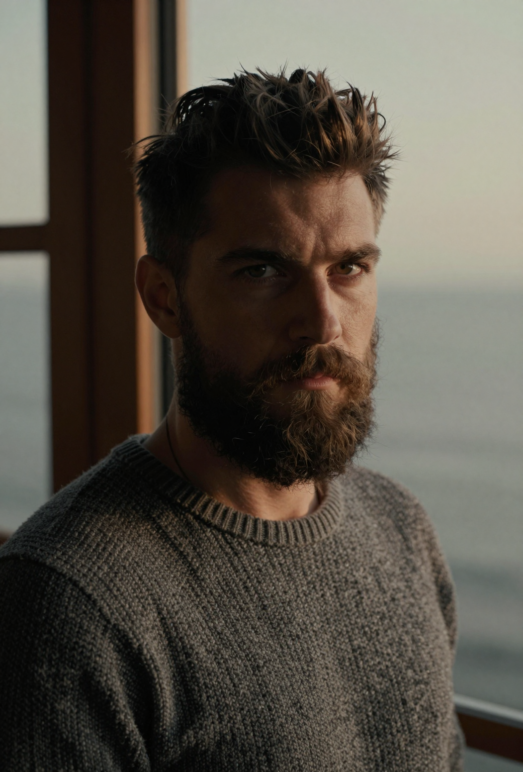 Hyper-realistic close up portrait of a rugged maritime man with a thick dark beard and styled hair. He wears a heavy woolen grey sweater with visible coarse texture. The lighting is soft, directional, moody and warm — like northern winter sunlight through a large timber maritime window. He gazes into the camera, his expression is intense and stoic, eyes slightly narrowed, conveying quiet strength. Background is a muted, neutral gradient (warm-grey tones), shallow depth of field. The image feels raw, cinematic, and tactile — film grain and contrast preserved, natural color grading with desaturated shadows and warm highlights. Shot on a 50 mm lens, f/1.8, high contrast with subtle vignetting and lens falloff. Capture the authenticity of analog film and skin texture — avoid over-smoothing or digital perfection.