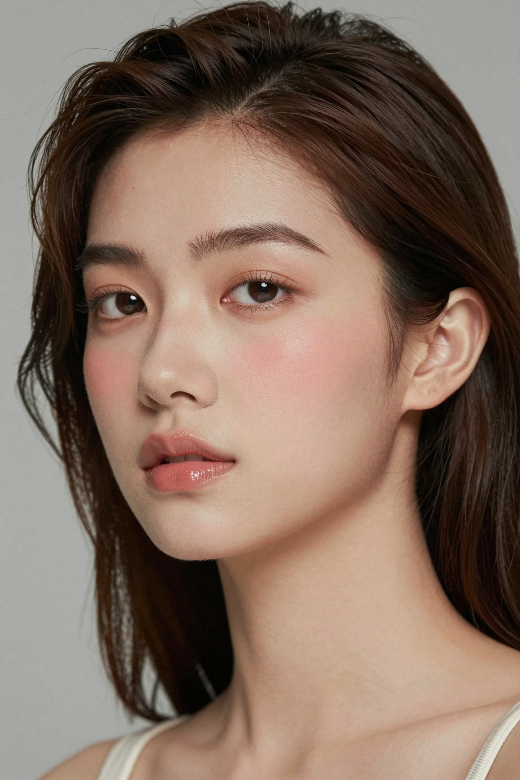 Soft daylight portrait of a beautiful young woman with clean makeup, smooth skin texture, natural blush tones, glossy lips, and neat hair framing the face. Studio background in neutral grey, ultra-realistic detail, subtle film grain, captured with a 50 mm lens at f/2.0, editorial retro aesthetic.